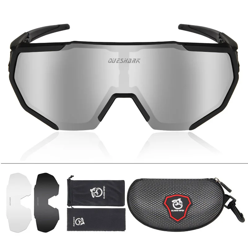 Black QUESHARK, дизайн, поляризованные велосипедные очки для мужчин и женщин, велосипедные очки, велосипедные солнцезащитные очки, 3 линзы, зеркальные, UV400, очки MTB - Цвет: Black