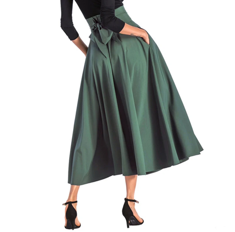 2020 New Fashion  Women Long Skirt Casual Spring  Summer Skirt womens Elegant Solid Bow-knot A-line Maxi Skirt Women Cothes (21)