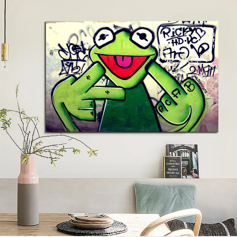 Sokak Grafiti Sanati Kurbaga Kermit Parmak Poster Baski Tuval