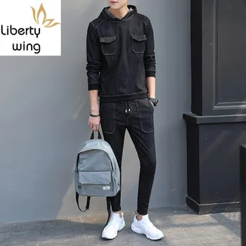 

Mens Fashion Black Sets Winter Jeans Suit Casual Pullover Man Slim Fit Denim Clothes Full Length Pencil Pants Male Outfit