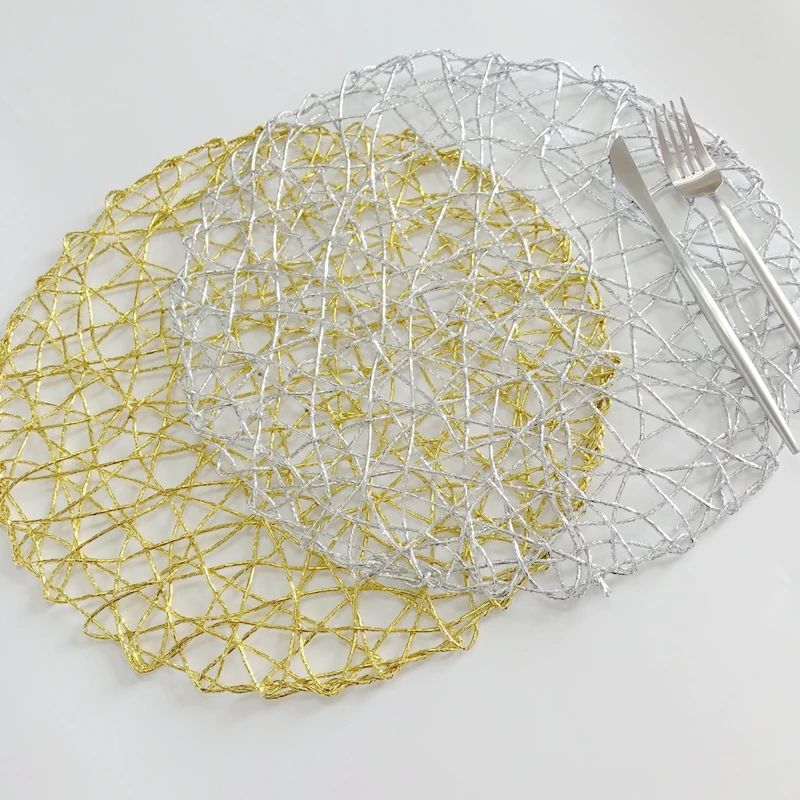 2Pcs Paper round Placemat Table Placemat Kitchen Dinner Handmade knitting irregular  Pad  Christmas Shinning Gold Silver