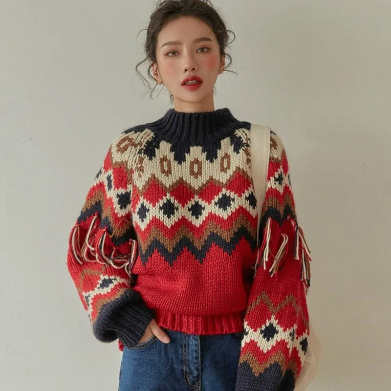 red Neploe осенне-зимний свитер с кисточками женский с принтом водолазка короткий Pull Femme Chi элегантный пуловер 46566 - Цвет: red