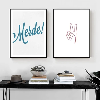 북유럽 심플 블루 영어 글자 캔버스 회화 평화 가위 손 포스터 및 프린트 장식 월 아트 그림, 침실 장식