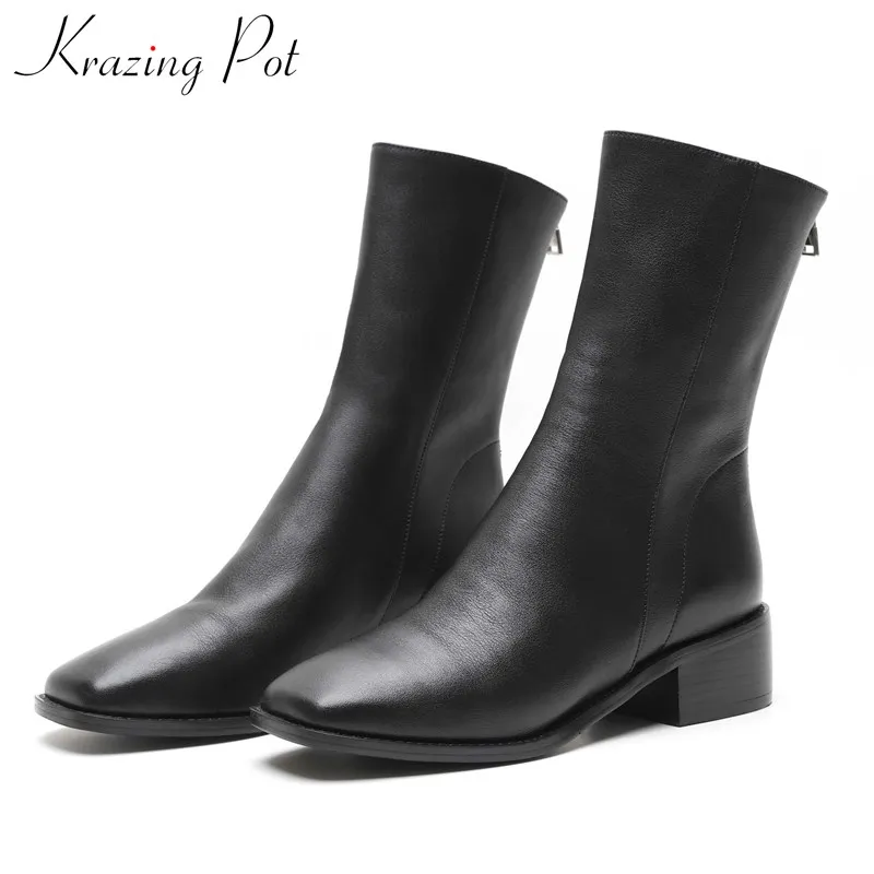

krazing pot solid daily wear simple style stretch boots fashion square toe med heels keep warm beauty lady mid-calf boots L65