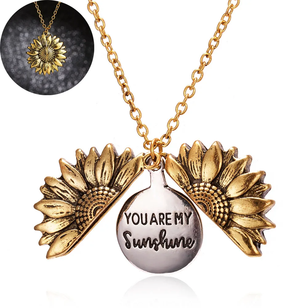 

2019 New Women Gold Necklace Custom You are my sunshine Open Locket Sunflower Pendant Necklace Free Dropshipping