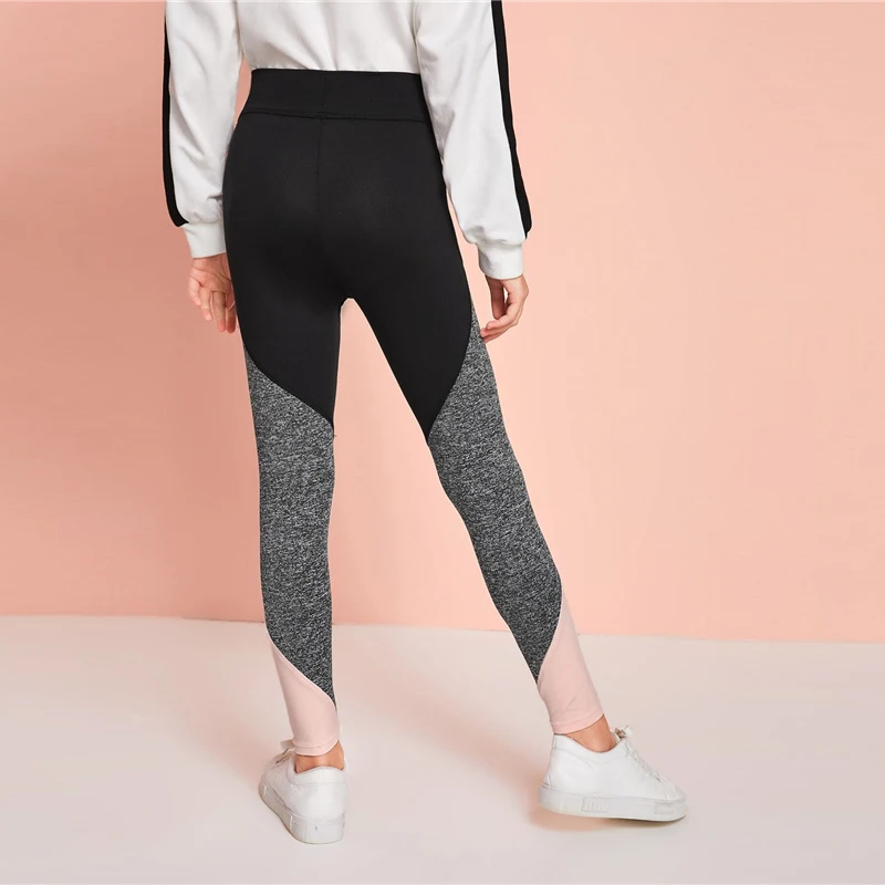 SHEIN/Детские леггинсы с буквенным принтом и цветными блоками для девочек; детские штаны; коллекция года; весенняя одежда для активного отдыха; Разноцветные обтягивающие брюки с эластичной резинкой на талии