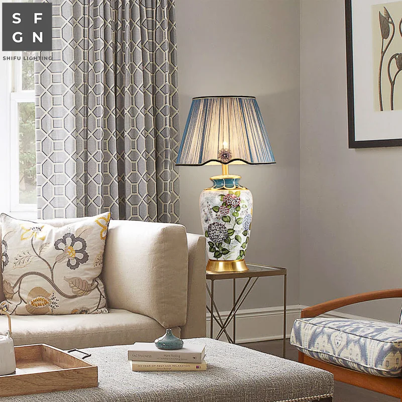 Медная настольная лампа прикроватная Цзиндэчжэнь керамическая просторные