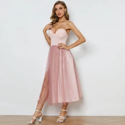 Spaghetti Strap Strapless Pink High Slit Evening Dresses Sleeveless Dress with Fluffy Tulle 2022 Ankle-Length Prom Gowns Vestido