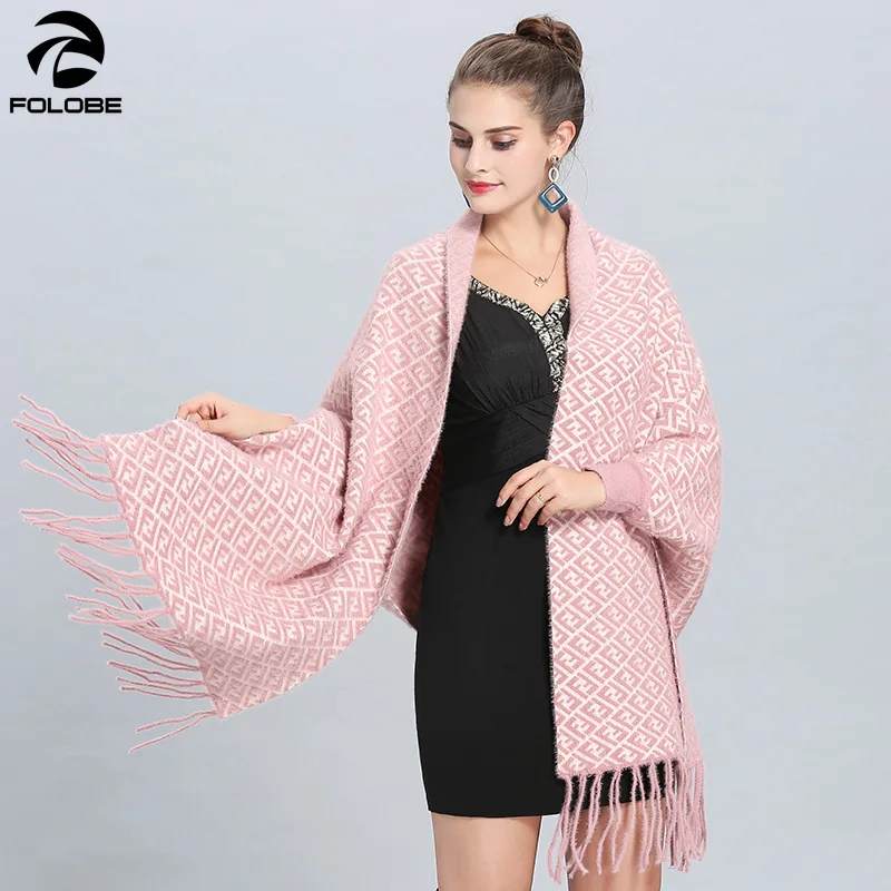 Oversize Fashion Autumn Winter Faux Imitation Knitted Poncho Women Letter 60*205cm Female Batwing Sleeves Wrap Vintage Shawl