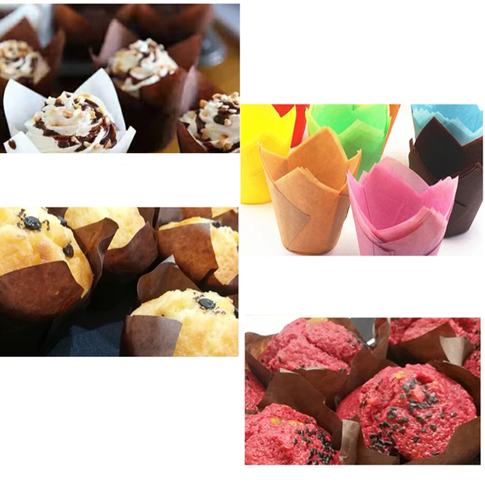 Hifuar 50Pcs/set Disposable Paper Cake Decoration Tool Mold Tulip Flower Chocolate Cupcake Wrapper Baking Muffin Paper Liner