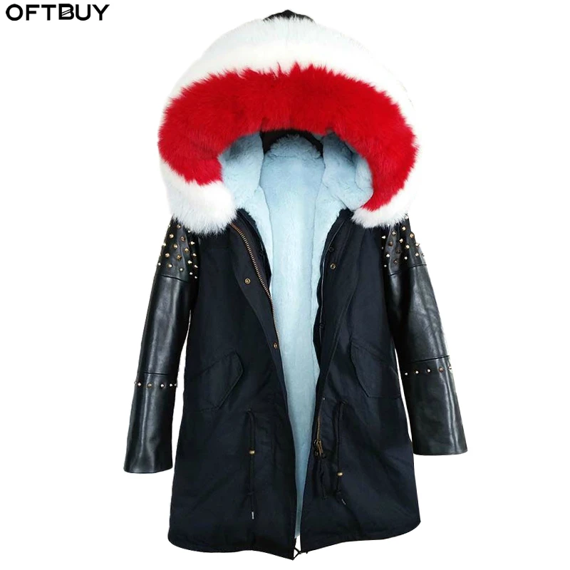 Женская куртка с кожаными рукавами OFTBUY из овчины заклепками и натуральным лисьим