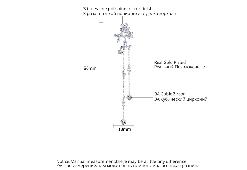 Luoteemi Delicate Fairy Flower Long Thing Chain Drop Dangle Earrings for Women Bridal Wedding Dating with AAA CZ Fashion Jewelry