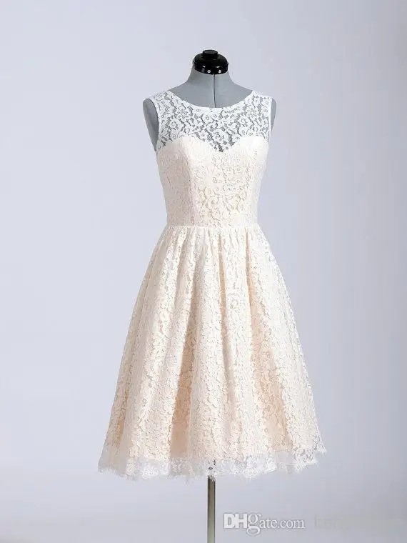 

Lace sleeveless 2018 A Line Knee Length Custom Made In Stock Party Cheap short prom see through back button bridesmaid dresses