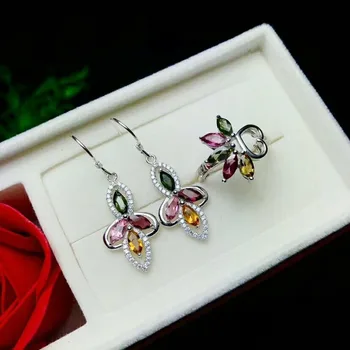 

[MEIBAPJ]NATURAL COLOURED CANDY TOURMALINE GEMSTONE DROP EARRINGS RING FOR WOMEN 925 STERLING SILVER WEDDING FINE JEWELRY SETS
