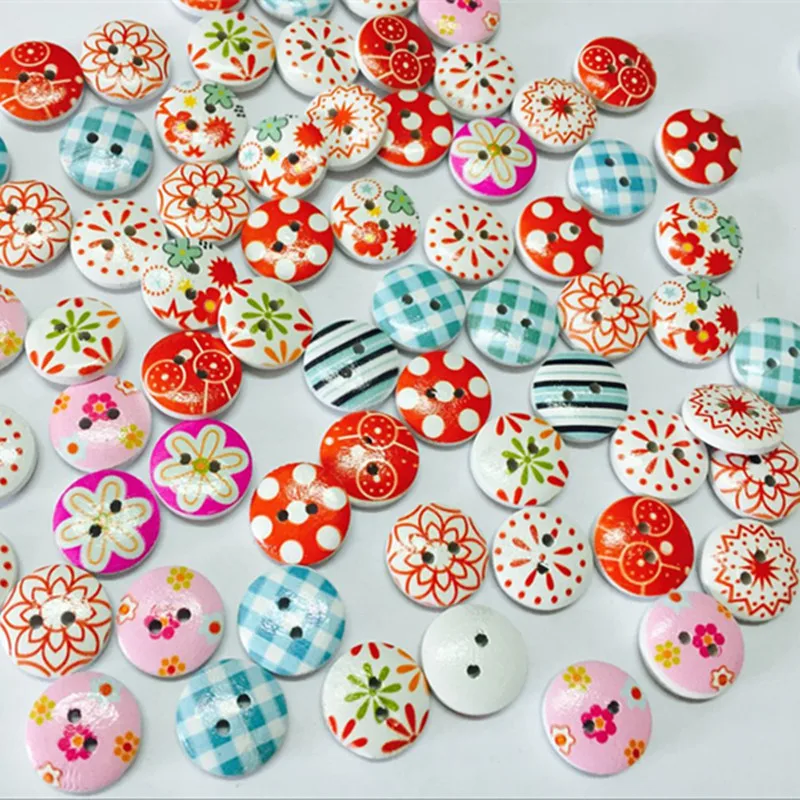 

100Pcs New Flower Printed Round Wooden Button 2 Holes 15mm Mixed Wood Buttons Sewing Accessories For Clothing Decoration DIY