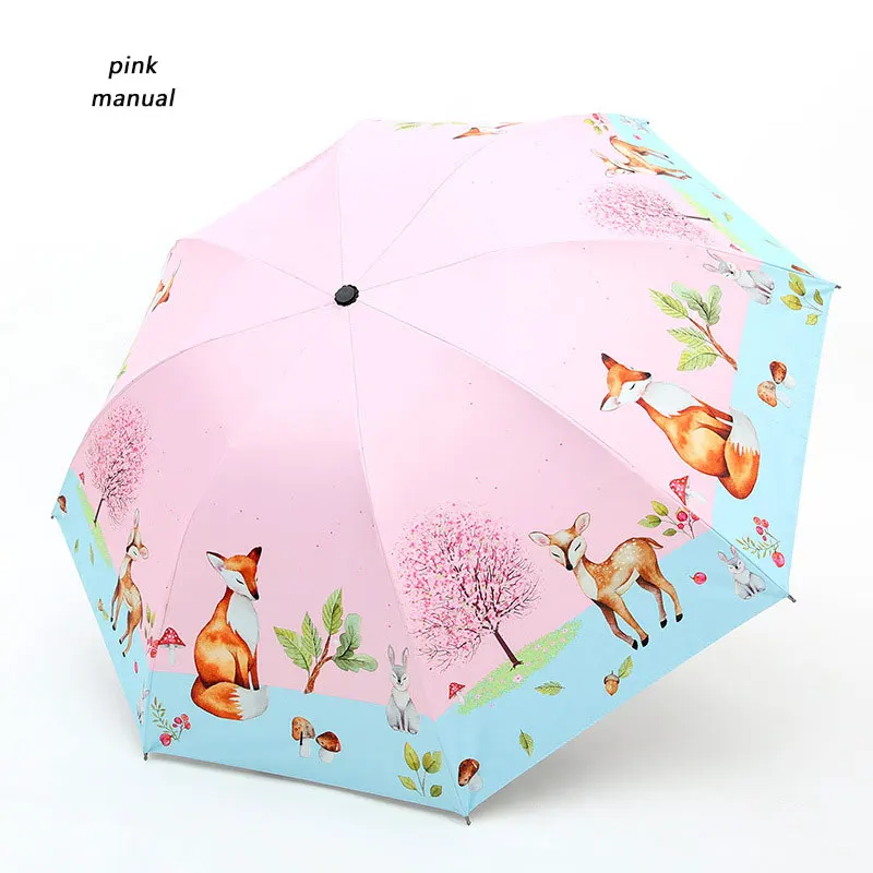1pc pink manual Полностью Автоматический детский зонт с анимационным принтом Kawaii животное Лиса и олень три складной Защита от солнца портативный зонтик для детей - Цвет: 1pc pink manual