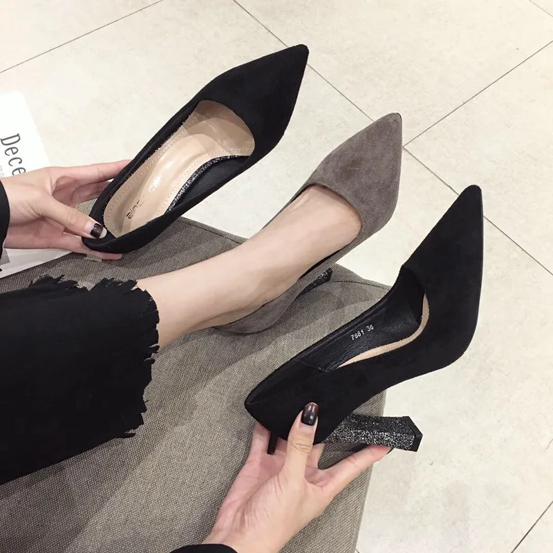 

7681 Europe And America 2018 Spring And Summer Trend High Heel Shoes Suede Sequin Chunky-Heel Sexy Pointed WOMEN'S Shoes Shallow