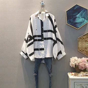 

[EWQ] 2020 Spring Autumn New Pattern Lapel Long Sleeve Single Breasted Striped Print Casual Shirt Women AK31101