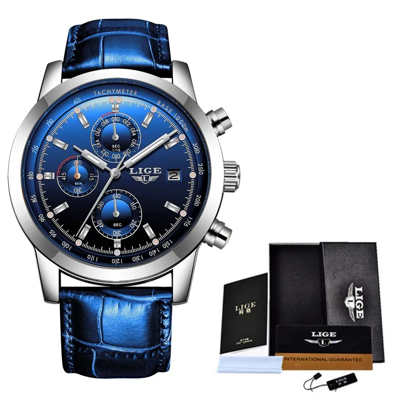Relojes Hombre, новинка, LIGE, повседневные, кожа, модные, кварцевые, золотые часы, мужские, военные, водонепроницаемые часы, мужские, с большим циферблатом, наручные часы с датой - Цвет: Silver blu