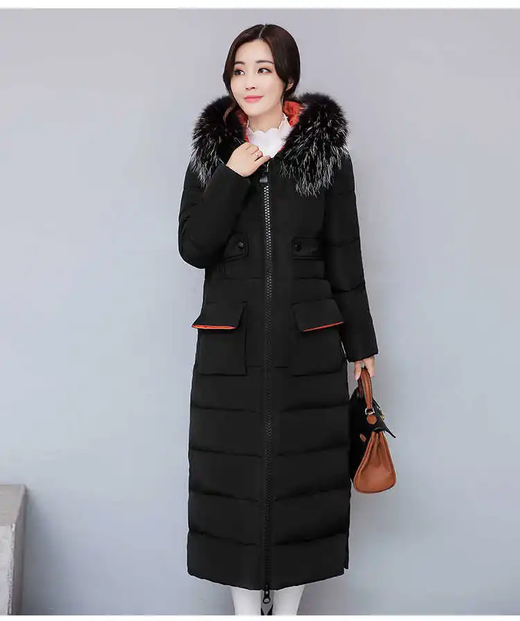 Женская зимняя длинная парка, пальто, куртка с меховым воротником, Abrigos Mujer Invierno, с капюшоном, с цветочным принтом, хлопковая камуфляжная верхняя одежда, Wakeey - Цвет: Черный