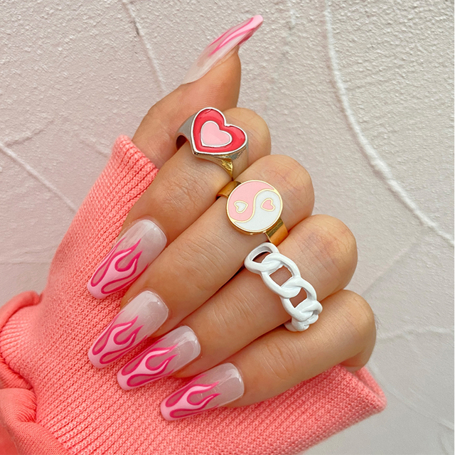 Heart Y2K Ring Set Open Cooper Rings For Women Candy Color Hand-painted Knuckle Rings Jewelry