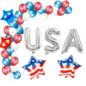 

1set 32inch USA silver letter foil balloons American flag star balls blue red latex baloes independence day party decorations