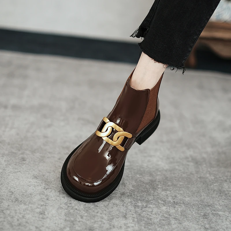 Botas tobilleras de cuero natural para mujer, zapatos de de piel de vaca, decoración de metal, Chelsea, botas cortas, 22 24,5 cm|Botas hasta el tobillo| - AliExpress