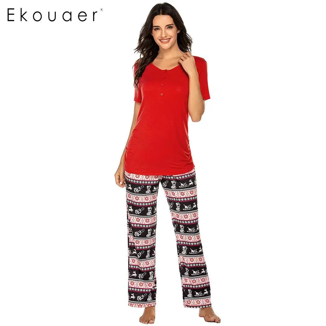 Ekouaer, пижамный комплект, Женская домашняя одежда, круглый вырез, короткий рукав, кнопка, принт, Пижамный костюм, Женская весенняя одежда для сна