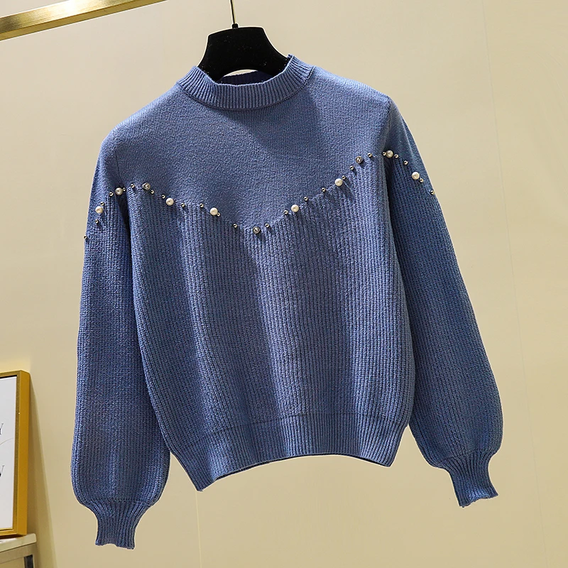 New Autumn Winter Pullovers Loose Women's Knitting Sweater With Pearls Beading Lantern Sleeve Ladies Knitted Sweater Femme