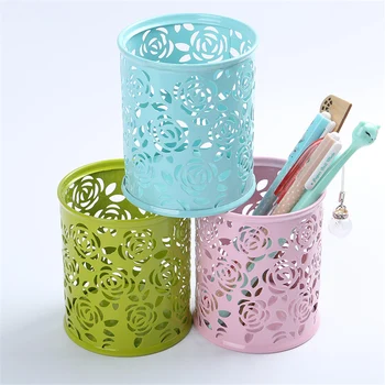 

New Pen Container Rose Flower Hollow Pencil Holder Round For Office School Metal Durable Height 9.6cm Optional 5 Colors