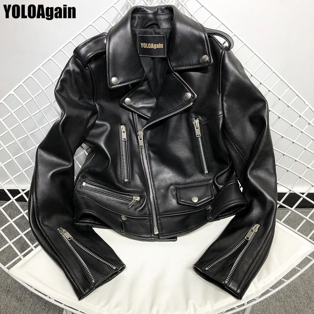 Женская кожаная куртка YOLOAgain классическая черная из натуральной овечьей