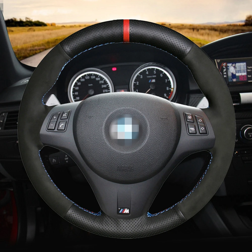 Hand-stitched Black Genuine Leather Black Suede Car Steering Wheel Cover For BMW M Sport M3 E90 E91 E92 E93 E87 E81 E82 E88