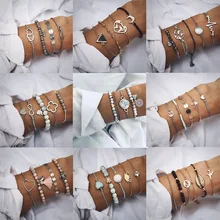 Новинка, для возраста от 9 шт./компл. богемная модная Винтаж несколько золотых Браслеты для Для женщин бусины в стиле ретро в форме сердца в форме листа браслет аксессуары ювелирные изделия