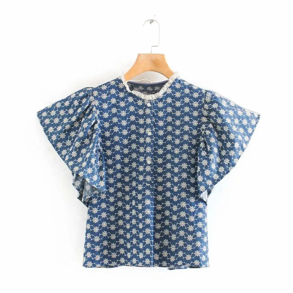 Женская Джинсовая блузка с цветочной вышивкой винтажная Повседневная Блузка