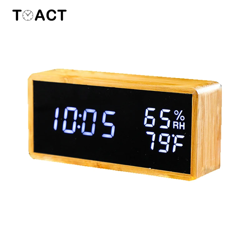  Digital Alarm Clock LED Desk Clock Temperature and Humidity Alarm Watch Bamboo Sound Control Quartz
