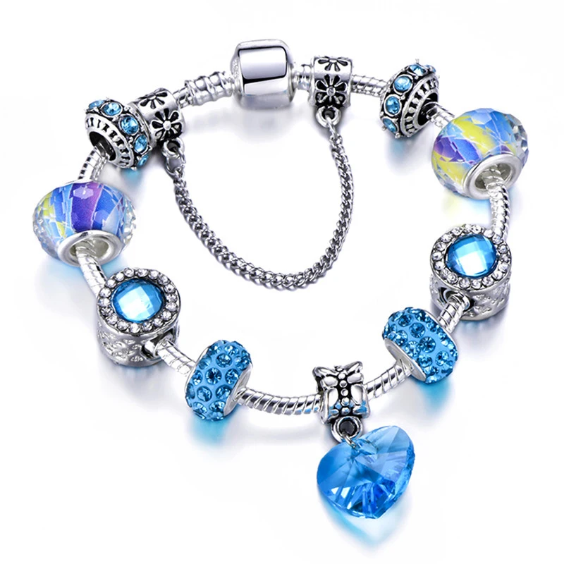 925 Модный серебряный браслет с шармами браслет для женщин Хрустальный цветок фея бисера подходит для девушек бренд браслеты ювелирные изделия - Окраска металла: SL-1001-18