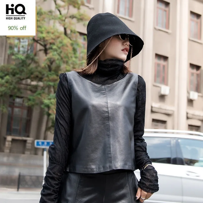 

2020 New Real Leather Short Vest Women Bow Design V-Neck Sleeveless Slim Fit Tops Fashion Ladies Waistcoats Natural Sheepskin