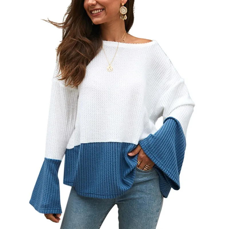 

Women Color Matching Knitting Bell Long Sleeve Winter Autumn Sweater Round Neck Loose Casual Patchwork Sweater x