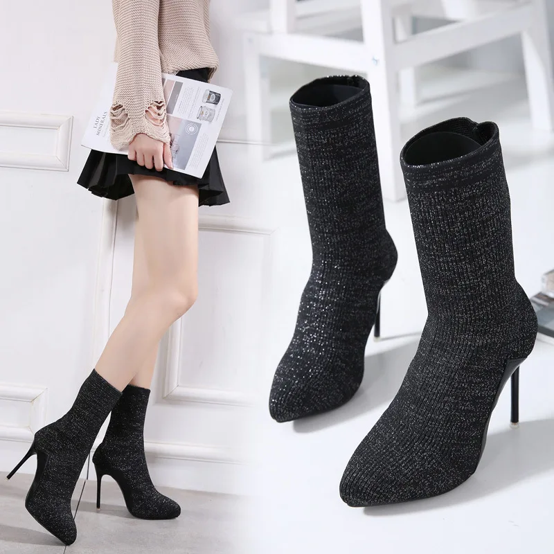 Bootee/ г. Женские ботинки до середины икры на шнуровке роскошная дизайнерская зимняя обувь женские модные осенние ботинки до середины икры с острым носком