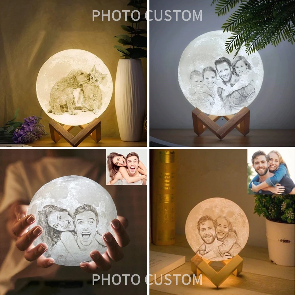 

Remote Control Photo Custom 3D Printing Moon Night Light Novelty Lamp USB Rechargeable Table Decoration Moonlight 16 Colors B4