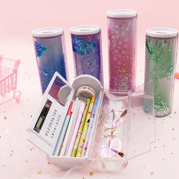 

Translucent Cylindrical Pencil Box Large Capacity Pencil Cases Box Pen Holder With Mirror Calculator For School Stationery