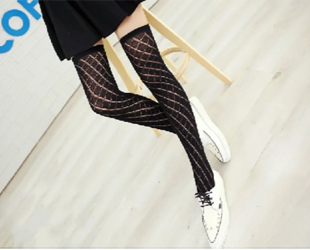 Japanese sweet mesh pure cotton socks fashion sexy hollow breathable solid color women's thigh high socks