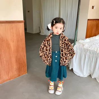 

Winter Girls Fashion Leopard Thick Wool Coat Korean style Children Long sleeve Warm Casual Jacket Clothes