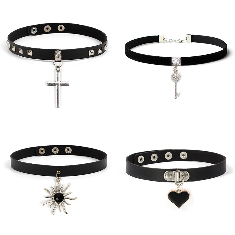 Design Pu Leather Cross Sun Key Heart Necklace Women Collar Necklace Rock Punk Chocker Statement Jewelry 4syles - Necklace - AliExpress