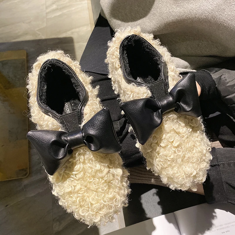 

Casual Woman Shoe Female Shoes Women's Moccasins Slip-on Loafers Fur Round Toe Bow-Knot Dress Slip On New Butterfly Winter Flat