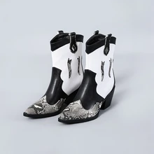 Ковбойские ботинки из Искусственной Змеиной Кожи; женские ковбойские ботильоны; женская обувь на высоком каблуке; женская обувь с острым носком; женская зимняя обувь; большой размер 45