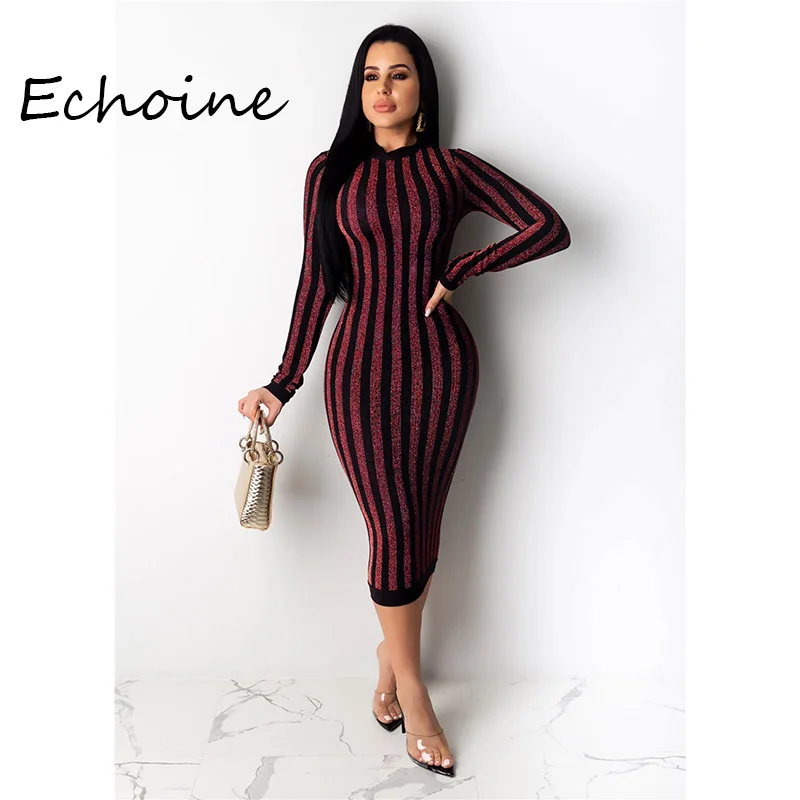 

Fashion Striped Long Dress High Elasticity Dresses Long Sleeve O-neck Bodycon Woman Party Night Vestido 3 Color Plus Size 2XL
