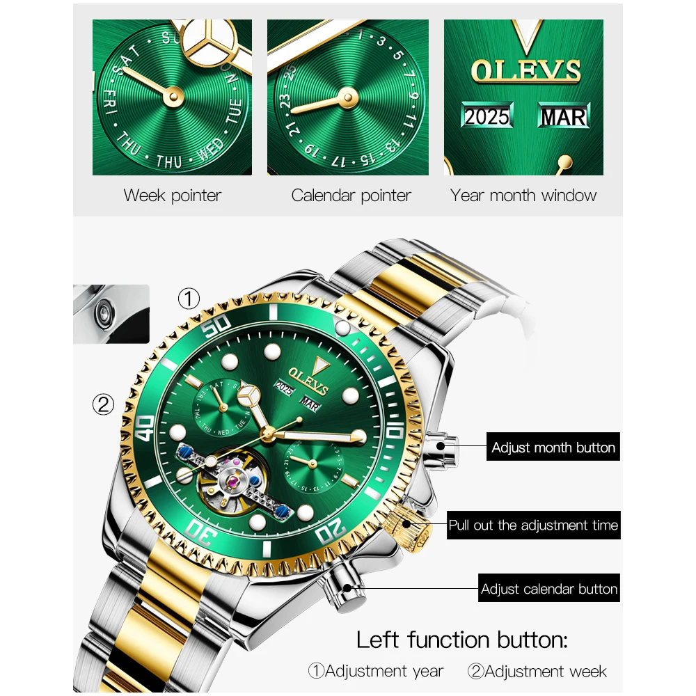 Original OLEVS Luxury Men Watch Automatic Mechanical Brand Fashion Waterproof Sports Stainless Steel Brand Wristwatch Box