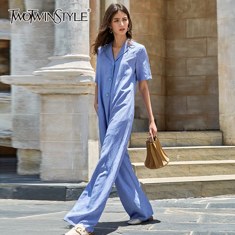 TWOTWINSTYLE Casual Loose Jumpsuits For Female Lapel Collar Half Sleeve High Waist Wide Leg Jumpsuit For Female Clothes 2020 New TWOTWINSTYLE Casual Loose Jumpsuits For Female Lapel Collar Half Sleeve High Waist Wide Leg Jumpsuit For Female Clothes 2020 New