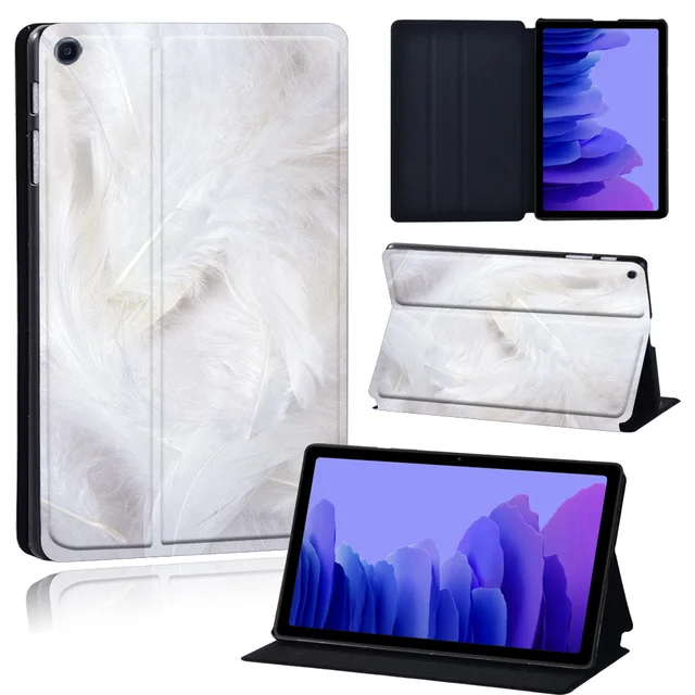 Tablets Case for Samsung Galaxy Tab A7 10.4 Inch 2020 T500/T505 Printed Feather PU Leather Tablet Stand folio Cover+ Free Stylus 2.cream feather